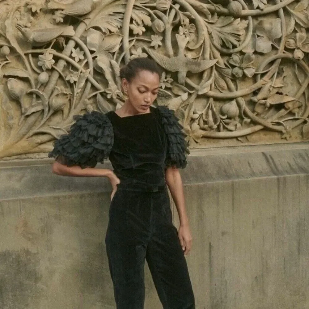 NWT Doen Heirloom Clarette Velvet Ruffle Top in Black Size XS - Picture 5 of 11